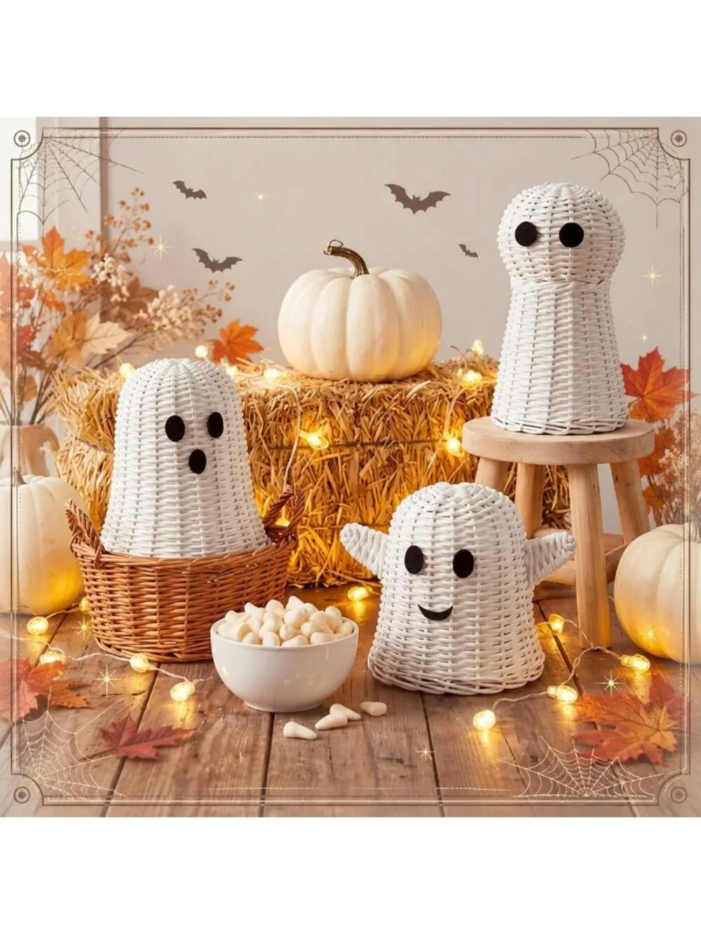 3 Pcs Halloween Wicker Ghost Decor - White Rattan Figurines for Spooky Home